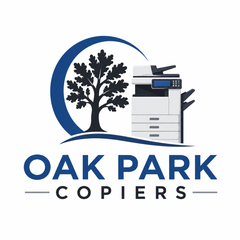 Oak Park Copiers logo with blue tree and copier icon