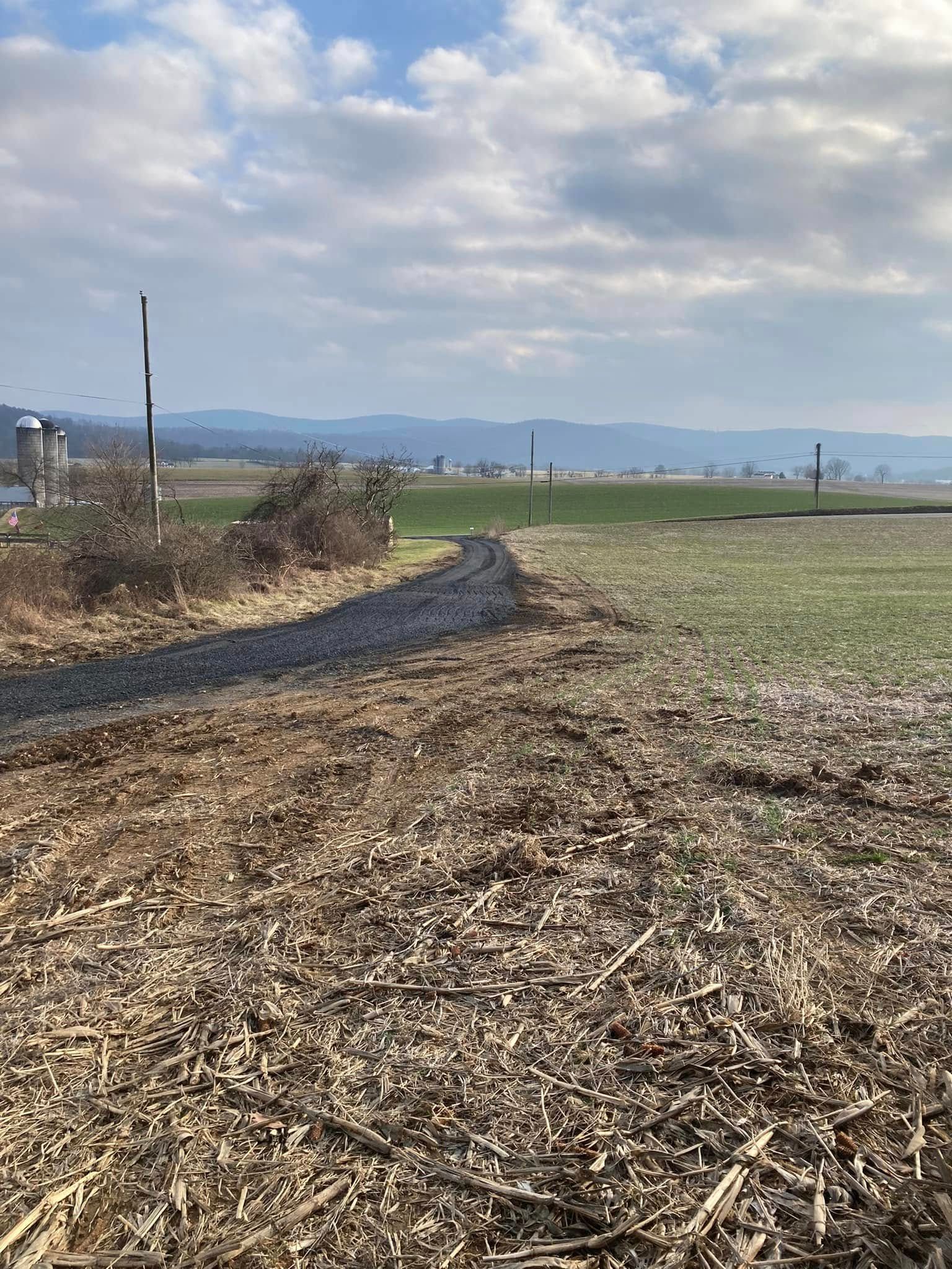A dirt road going through a field with mountains in the background.