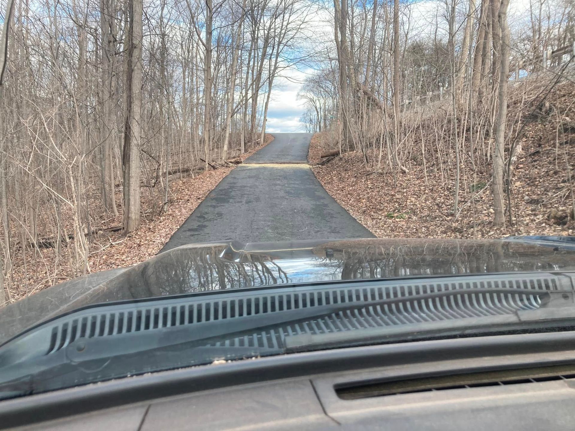 A car is driving down a road in the woods.