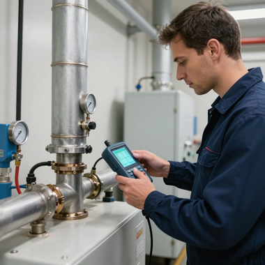 Technician inspecting industrial pipes with a tablet in a factory setting