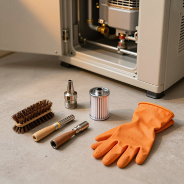 Cleaning tools and orange glove beside an open appliance for maintenance
