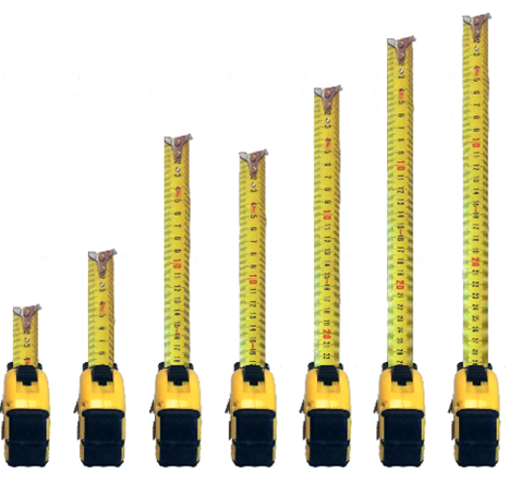 Seven yellow and black tape measures of increasing lengths.