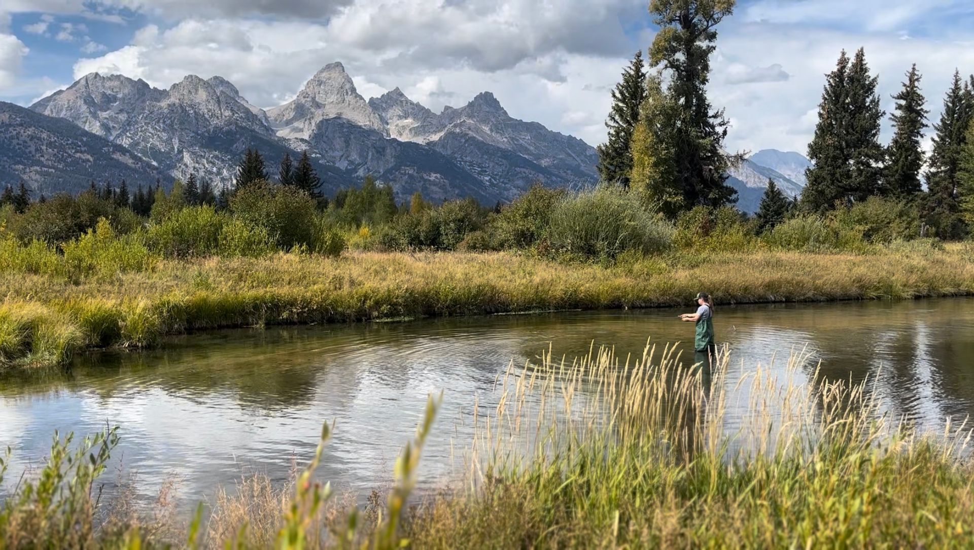 Mountain lake with tall grasses, evergreen trees, and jagged peaks reflected in calm water