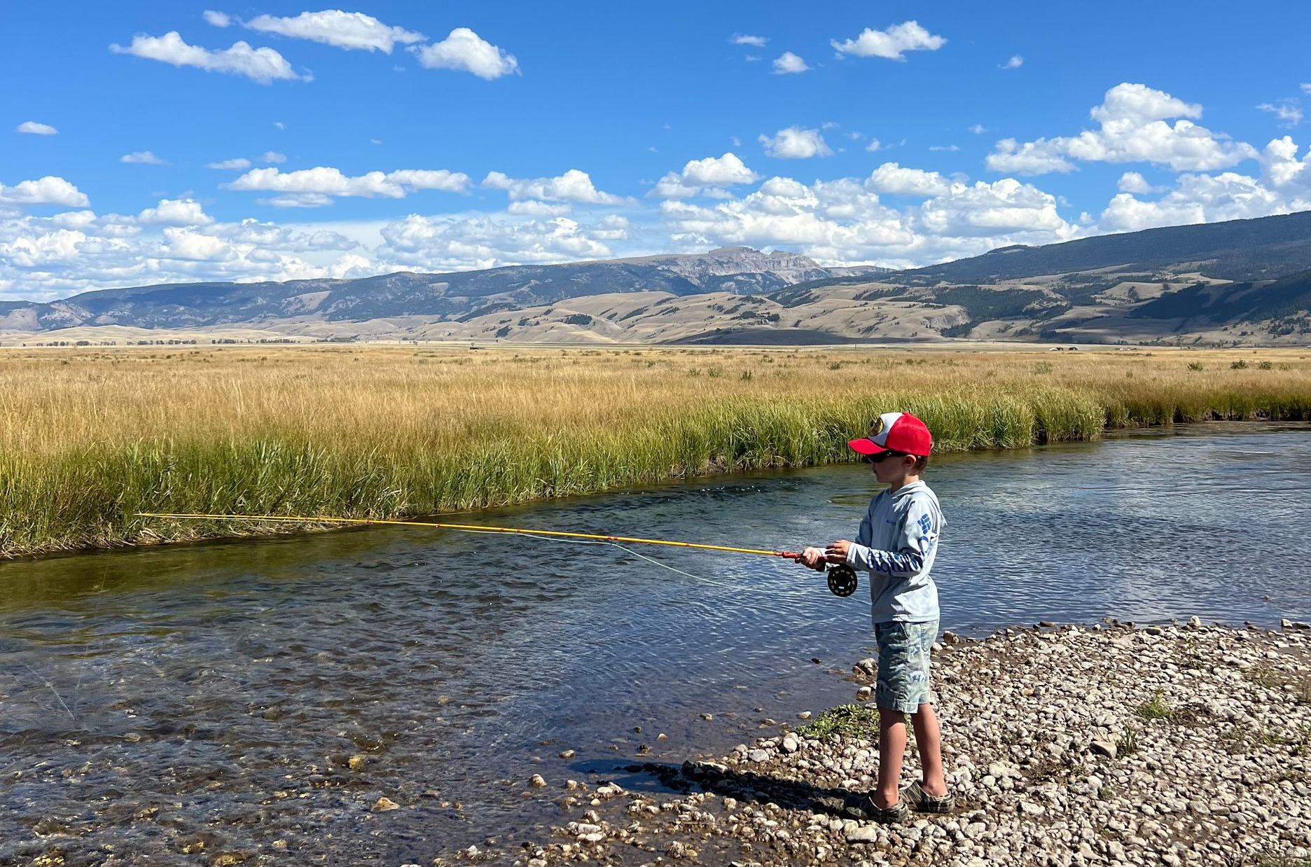 Person fishing in a river under a blue sky, with mountains and tall grass in the background