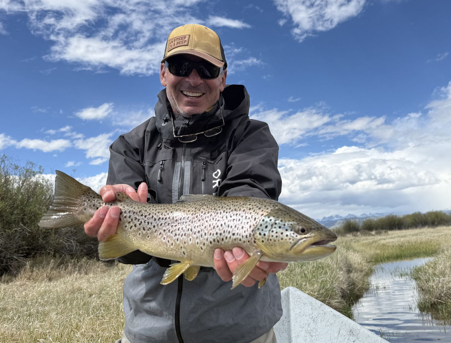Person holding a brown trout in shallow water