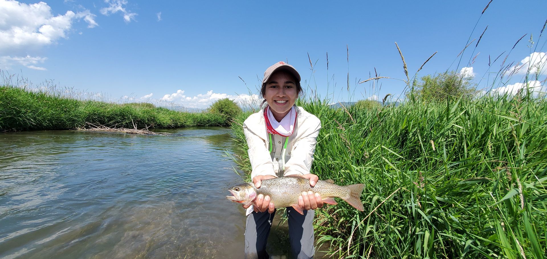 Person holding a fish in a river beside tall green reeds under a blue sky