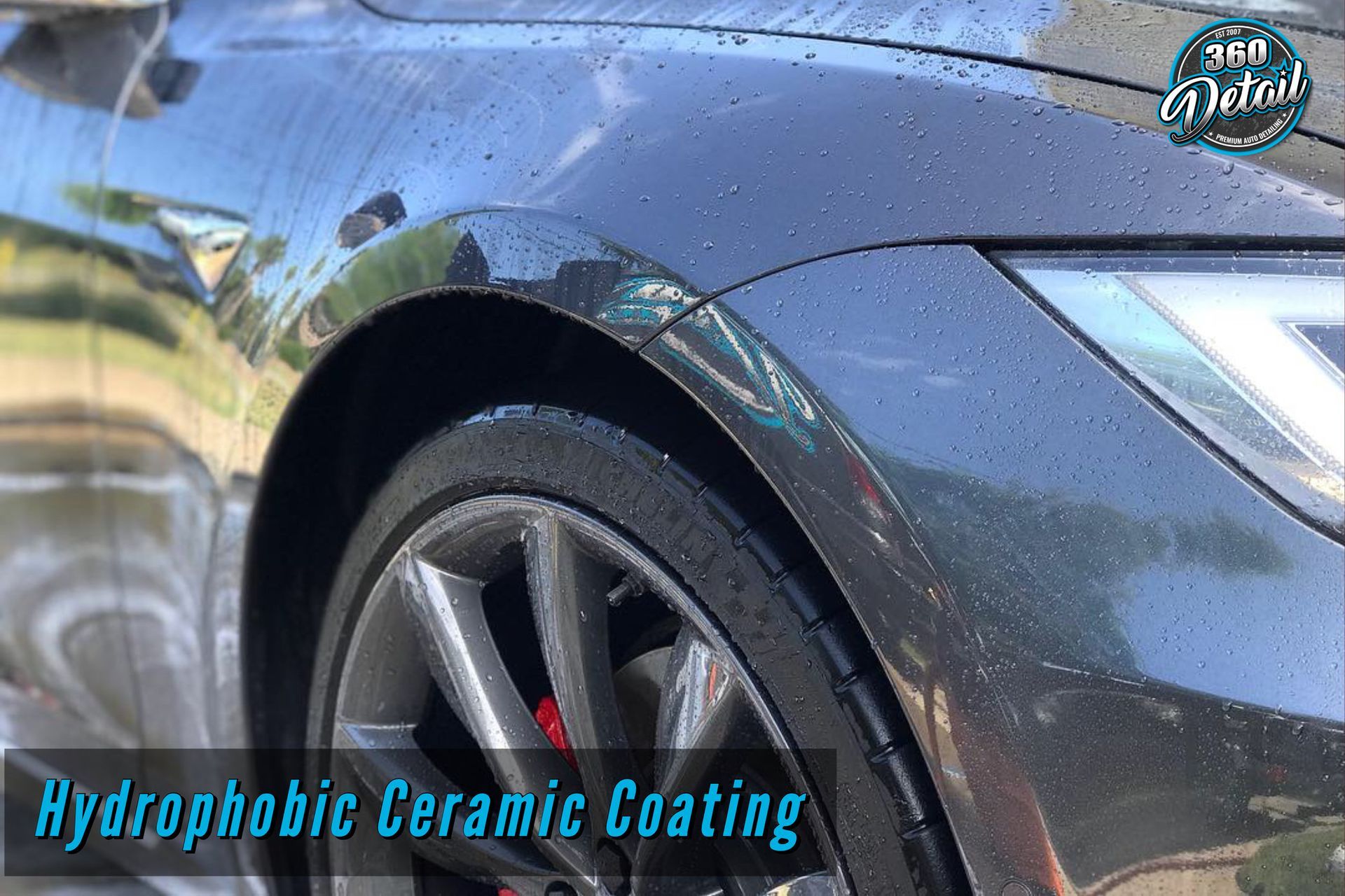 Black car with water beads on the surface, promoting a hydrophobic ceramic coating.