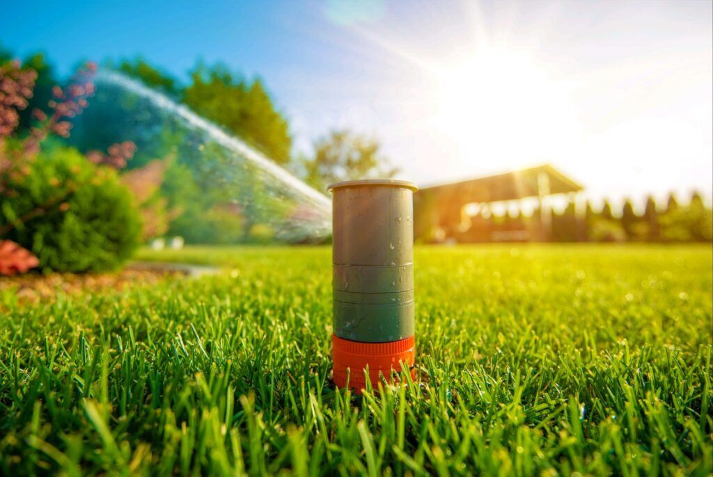 Sprinkler watering green lawn in a sunny backyard with a house in the background.