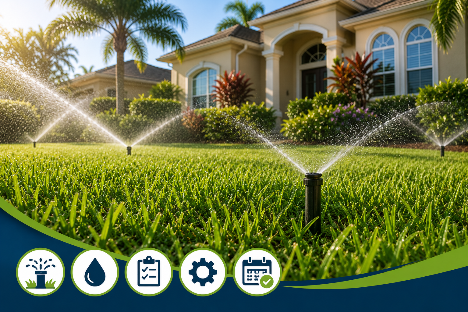 Lush Florida lawn watering with professional irrigation system maintenance in Ocala and Brandon, FL.