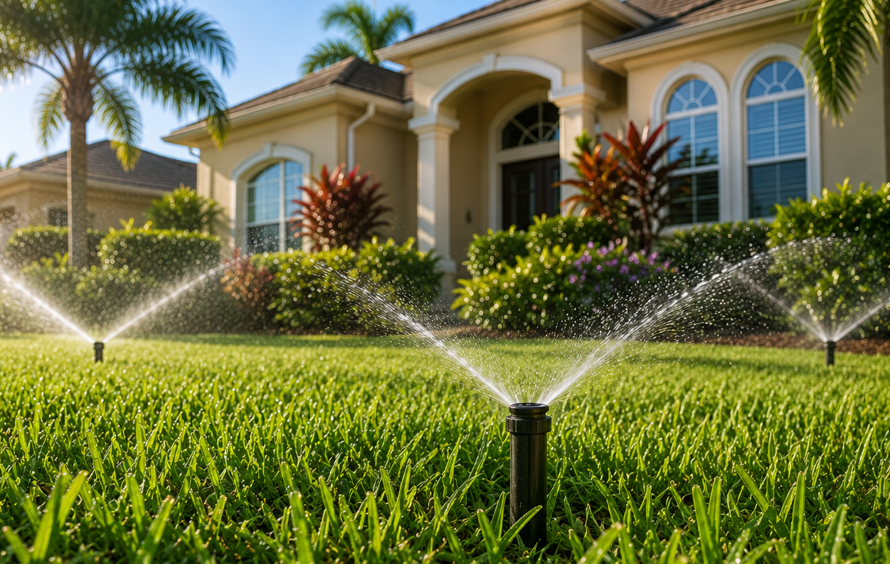 Lush Florida lawn watering with professional irrigation system maintenance in Ocala and Brandon FL.