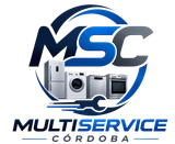 Logotipo azul de “Multiservice Cordoba” con herramientas, una lavadora y destellos.