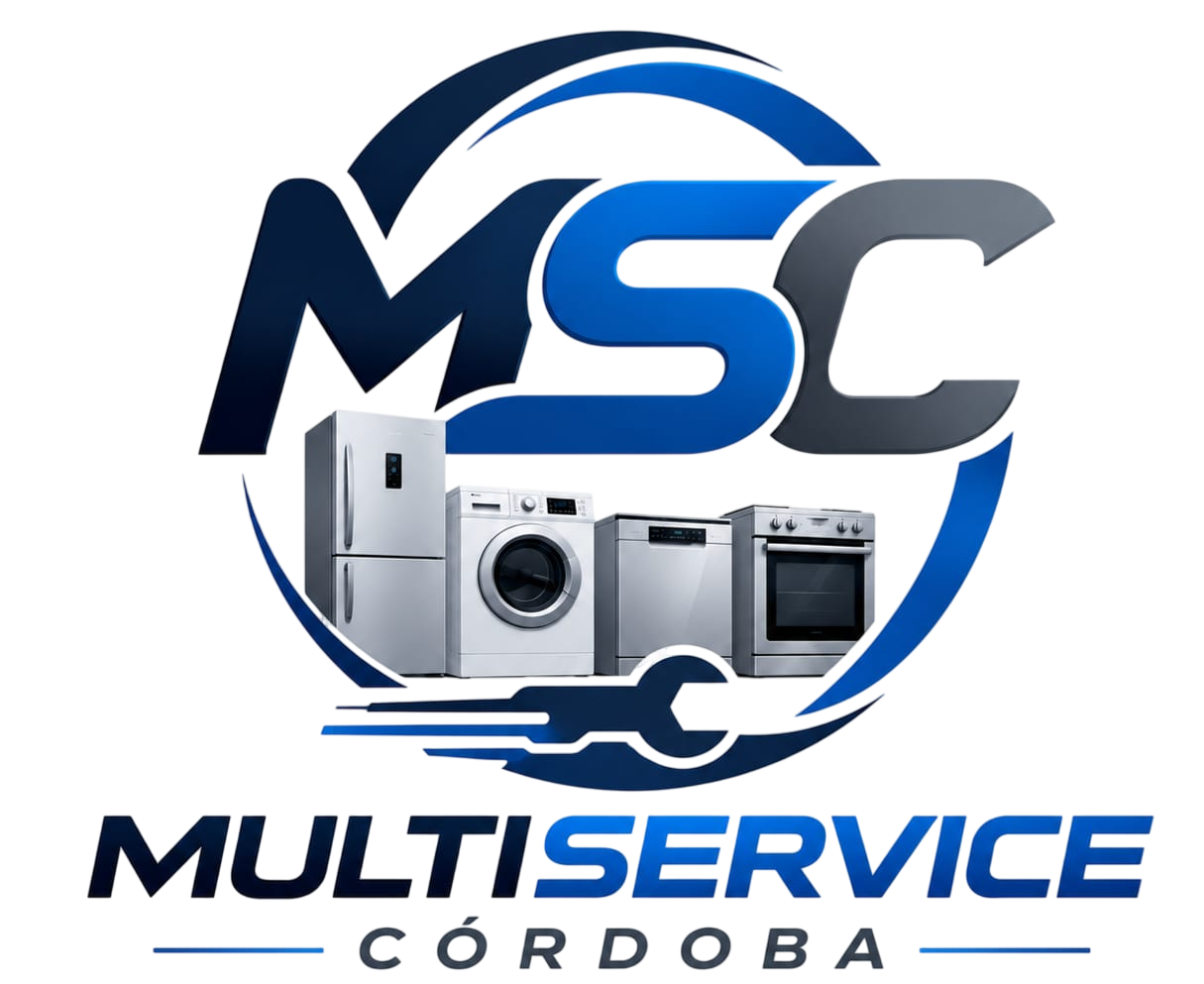 Logotipo azul de “Multiservice Cordoba” con herramientas, una lavadora y destellos.