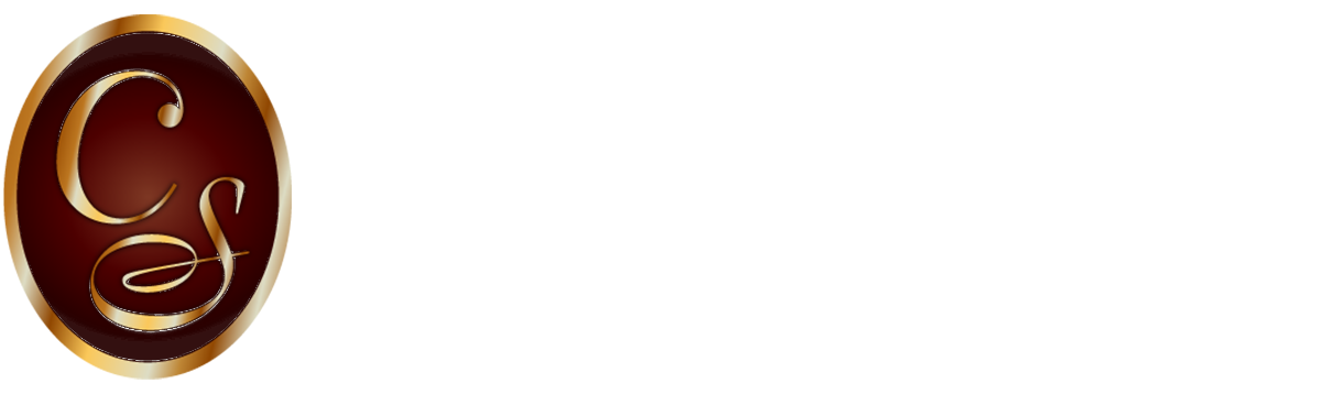 Oval maroon and gold emblem with interlocking cursive letters &ldquo;C&rdquo; and &ldquo;S&rdquo; on white background