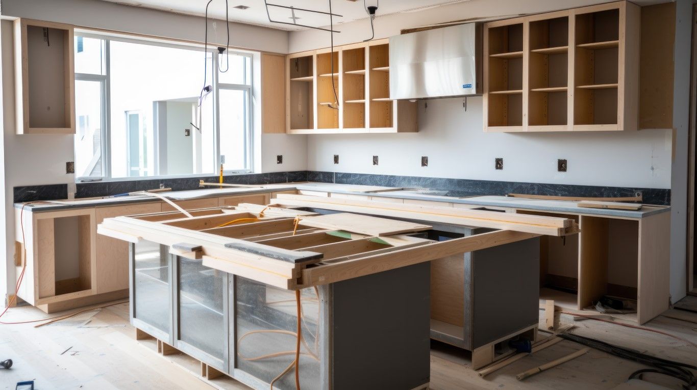 Unfinished kitchen with installed cabinets, countertops, and exposed construction materials.