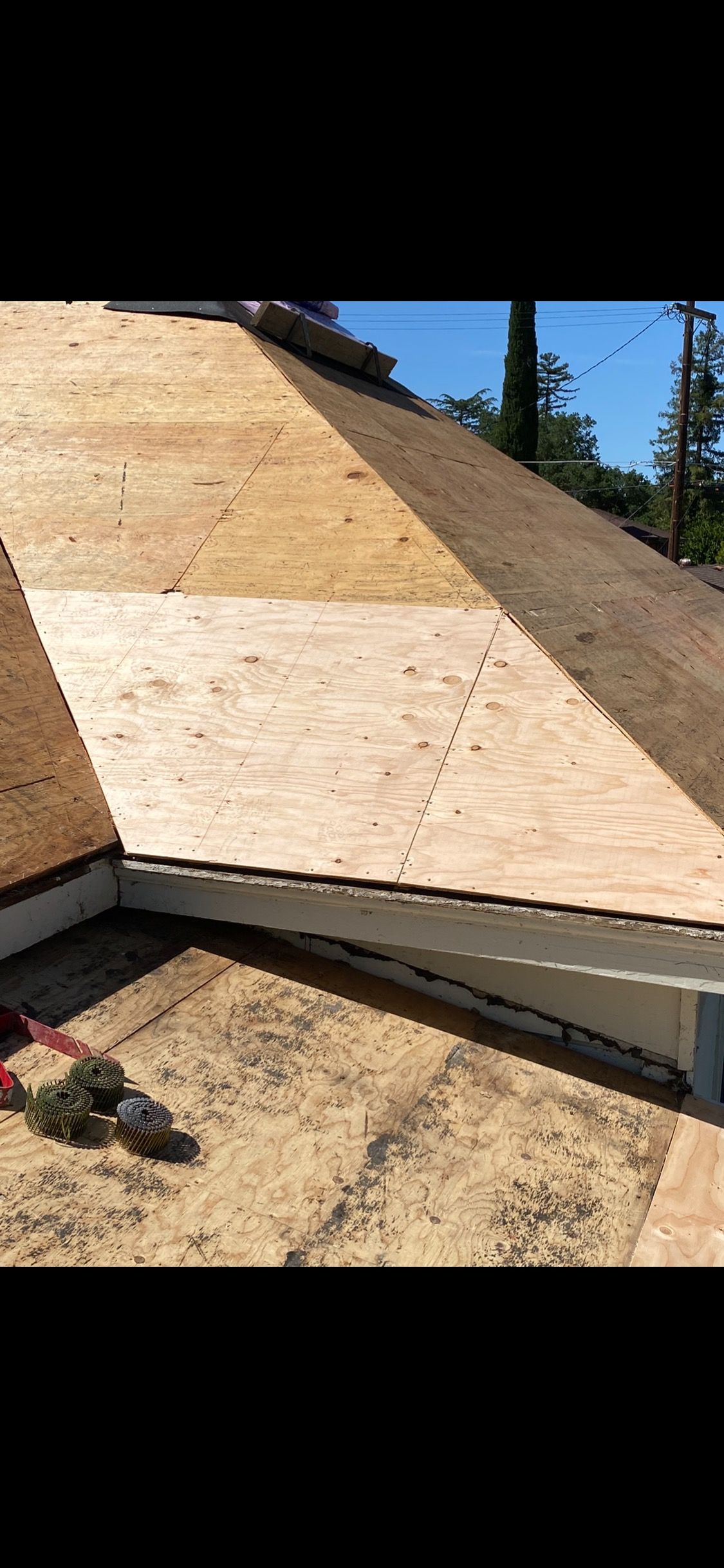 Plywood sheathing on a sloped roof under construction, with a blue sky and trees in the background