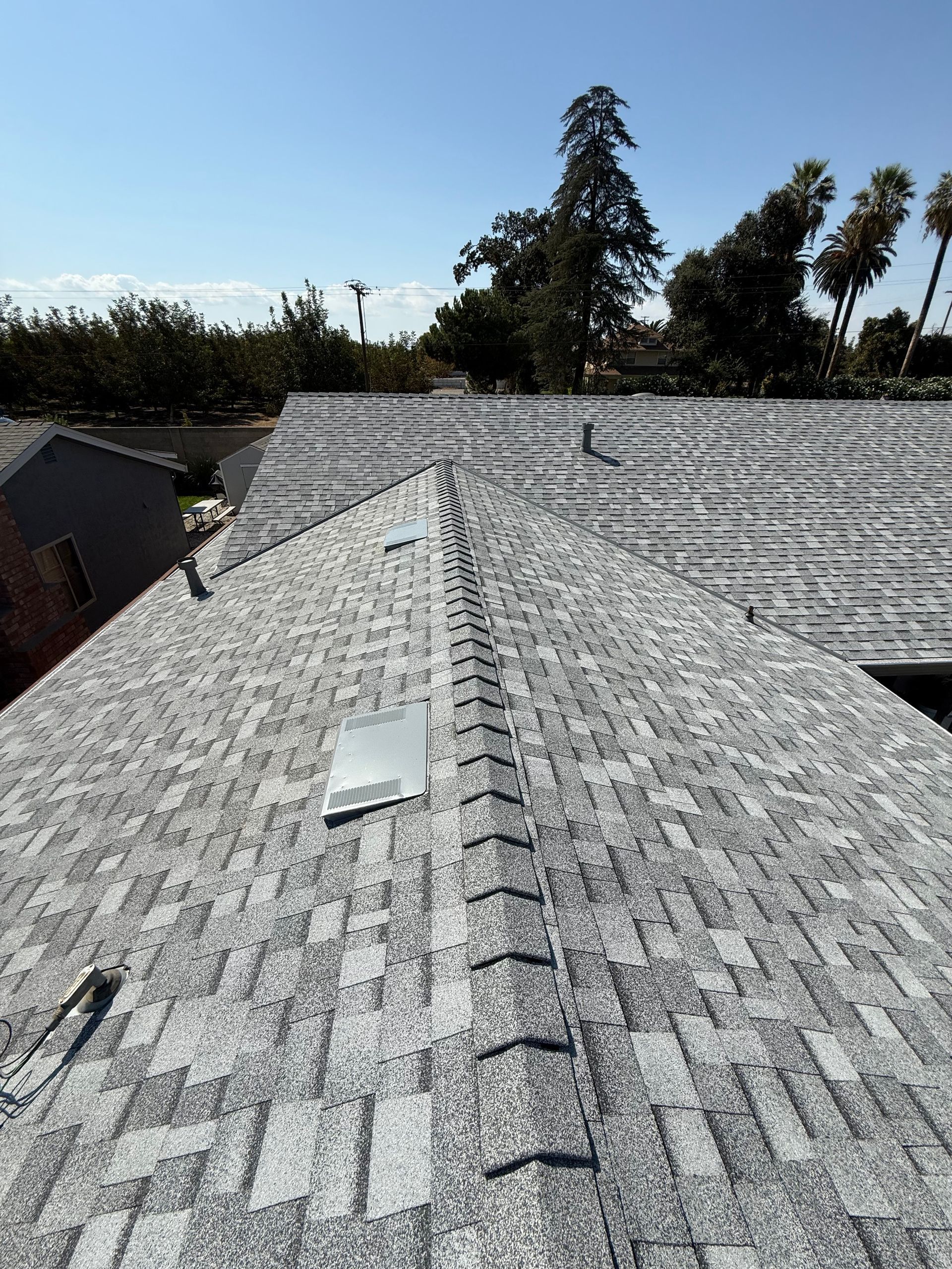 Rooftop shingles with a skylight, viewed over nearby trees under a clear blue sky.