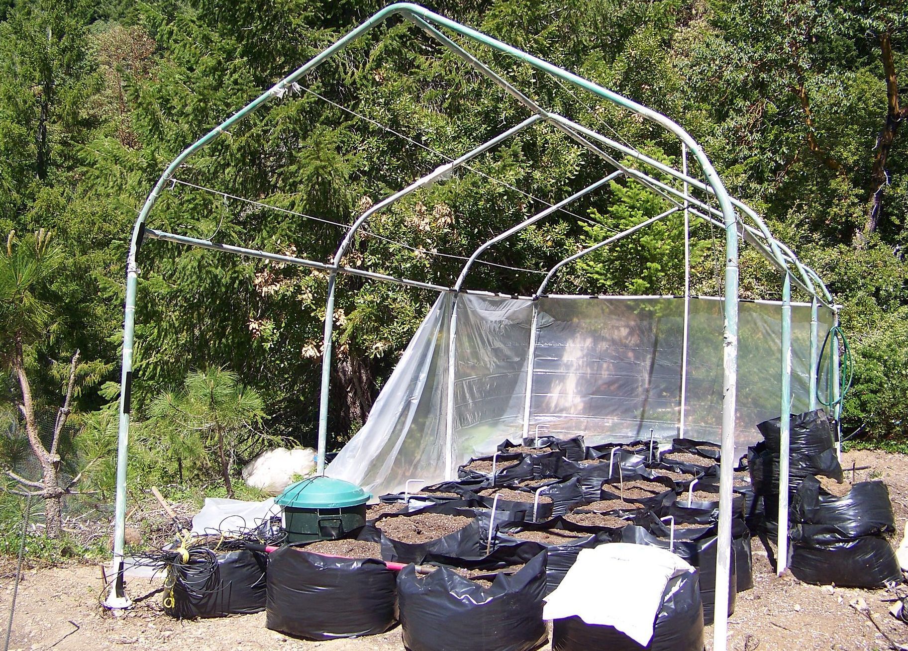 A greenhouse with a lot of bags underneath it