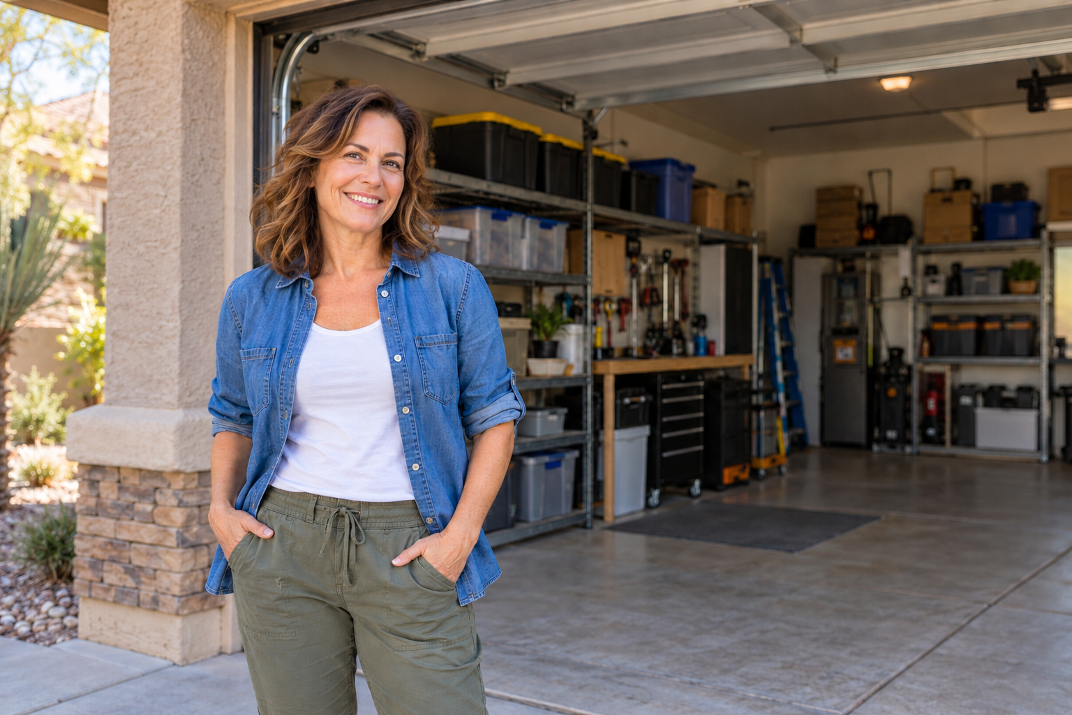 Woman standing in a garage doorway, smiling, wearing a blue shirt and green pants.