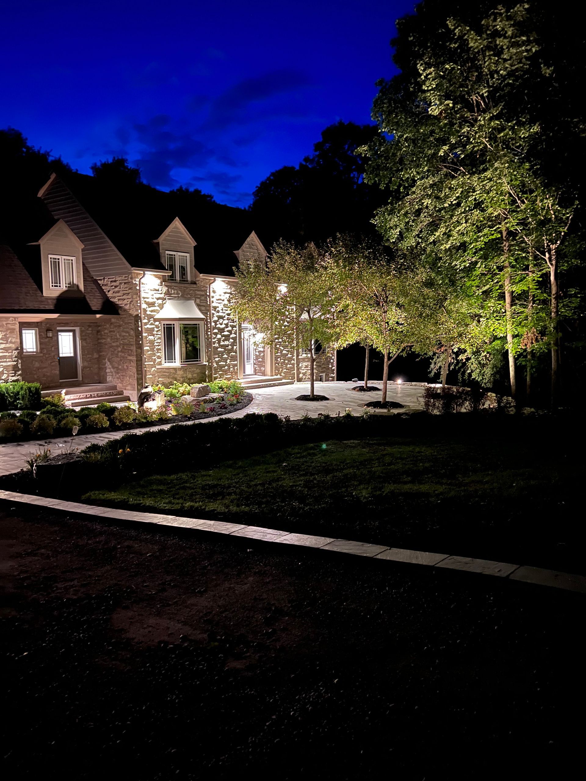 A house is lit up at night with trees in front of it.