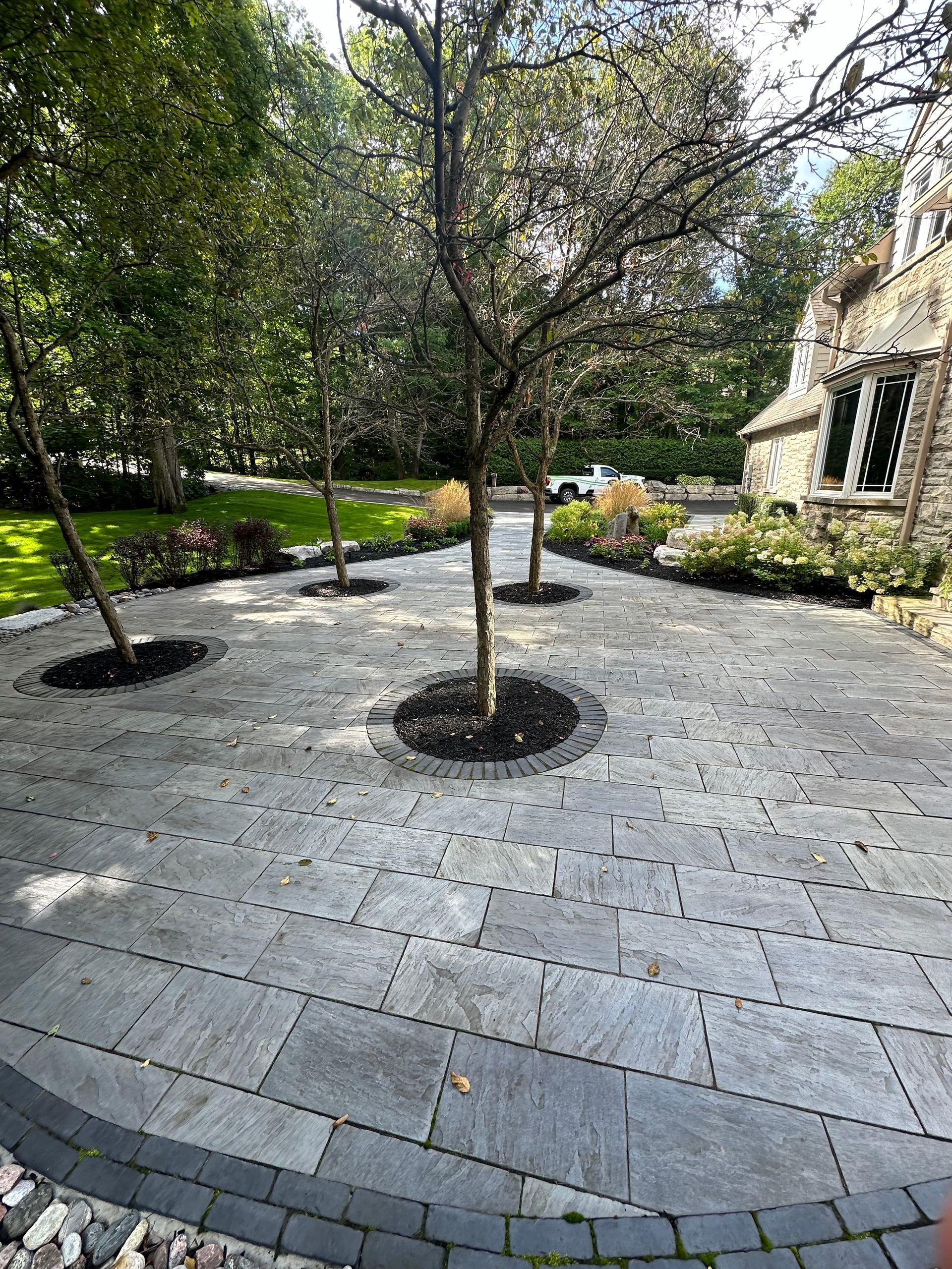 A patio with trees in the middle of it and a house in the background.