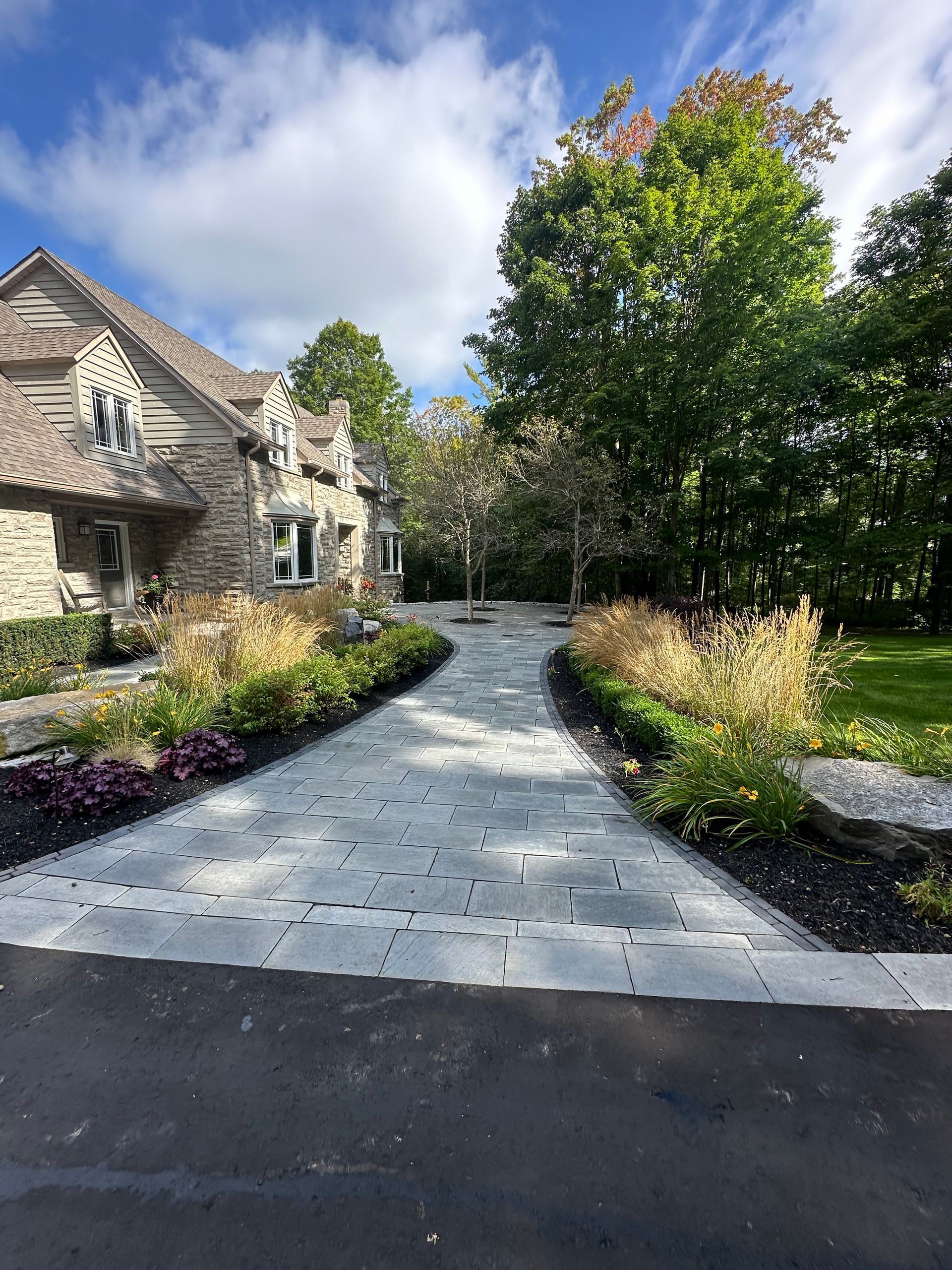 A driveway leading to a large house with trees on both sides.
