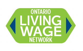 The ontario living wage network logo is green and blue