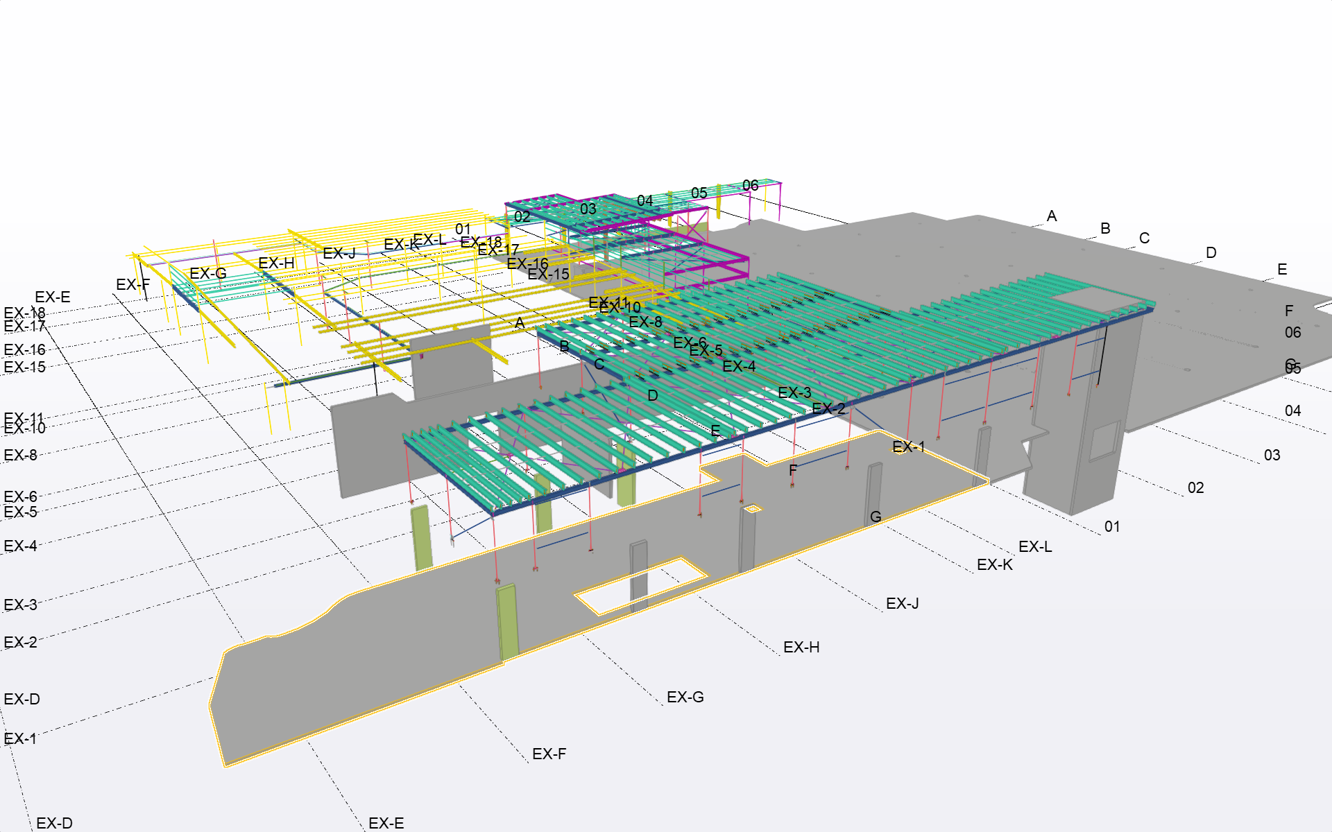 3D architectural model of a building with overlaid coloured layers, showing design elements like floors and supports — Proweld Steel Fabrication In Nowra, NSW