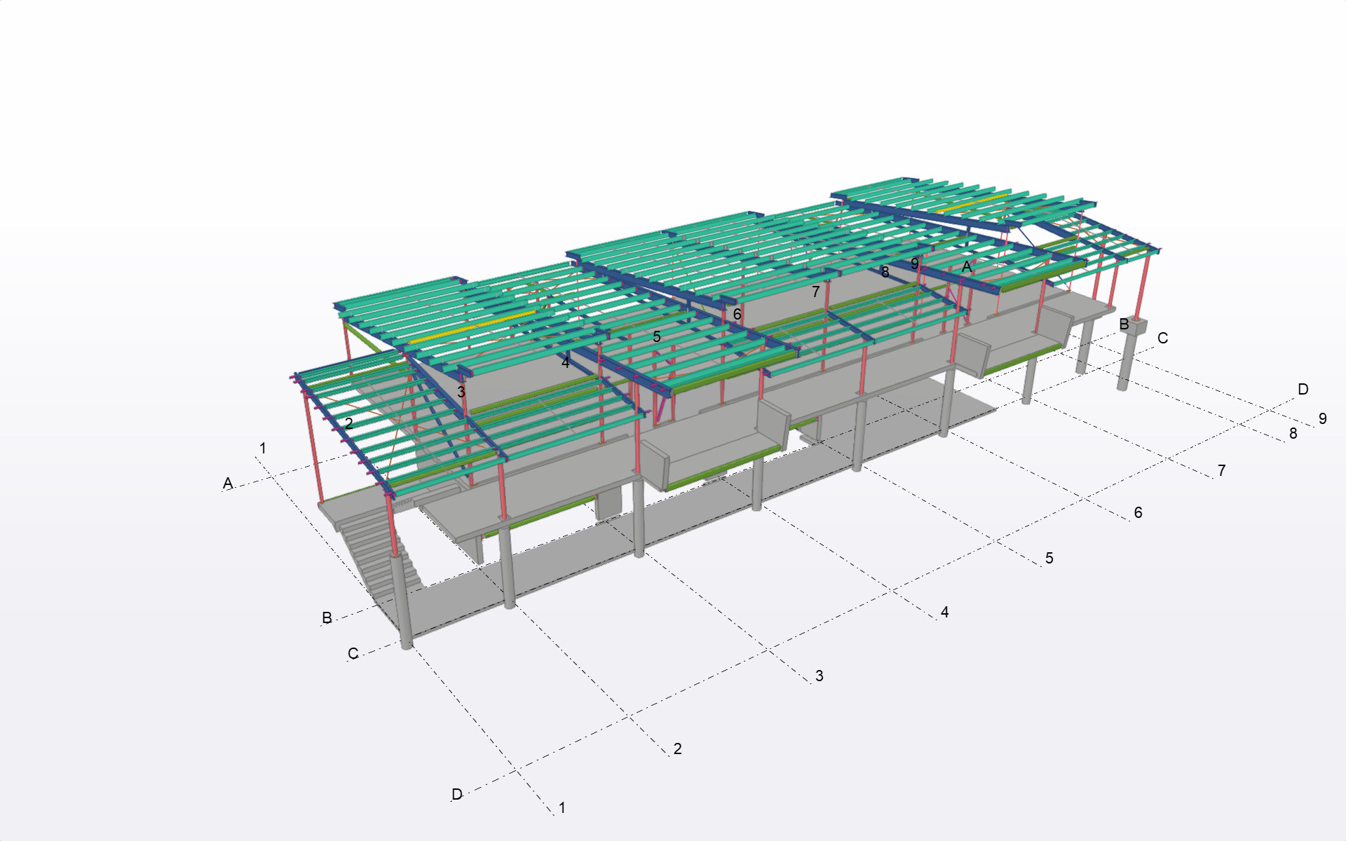 Isometric view of a building's structural model with coloured stress distribution overlay on roof beams — Proweld Steel Fabrication In Unanderra, NSW
