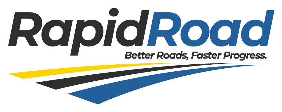 RapidRoad logo with gray and blue text, yellow and blue swoosh, and tagline “Better Roads, Faster Progress.”