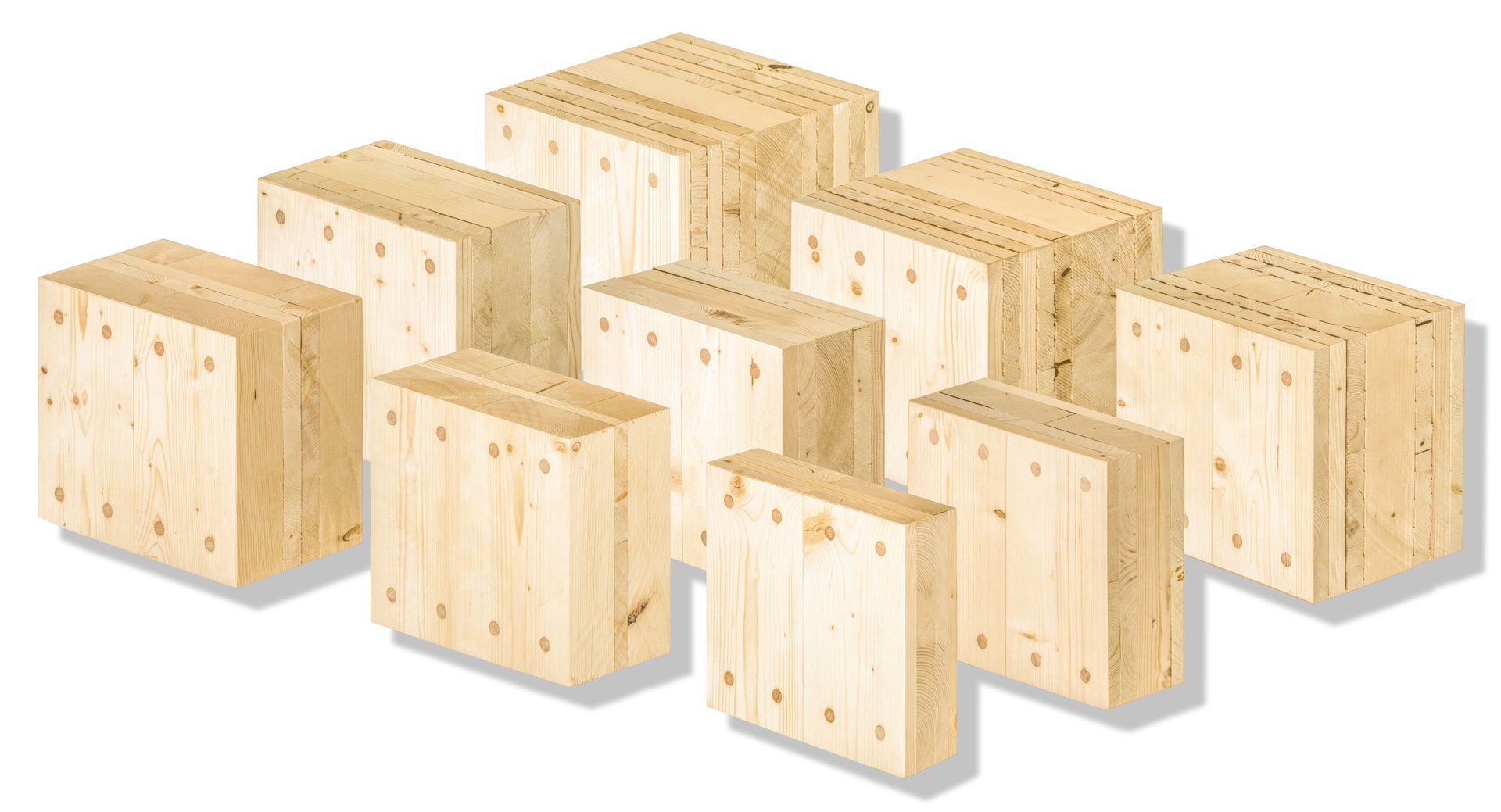 9 verschiedene  Querschnitte der die Schichten und Holzdübel des Thoma Holz100 zeigt