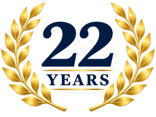 22 years in navy blue, framed by gold laurel wreaths on a white background