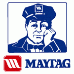 Maytag repairman, blue uniform, holding cheek, Maytag logo.