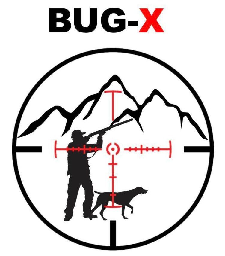 A Bug-X logo with a silhouette of a hunter and a dog