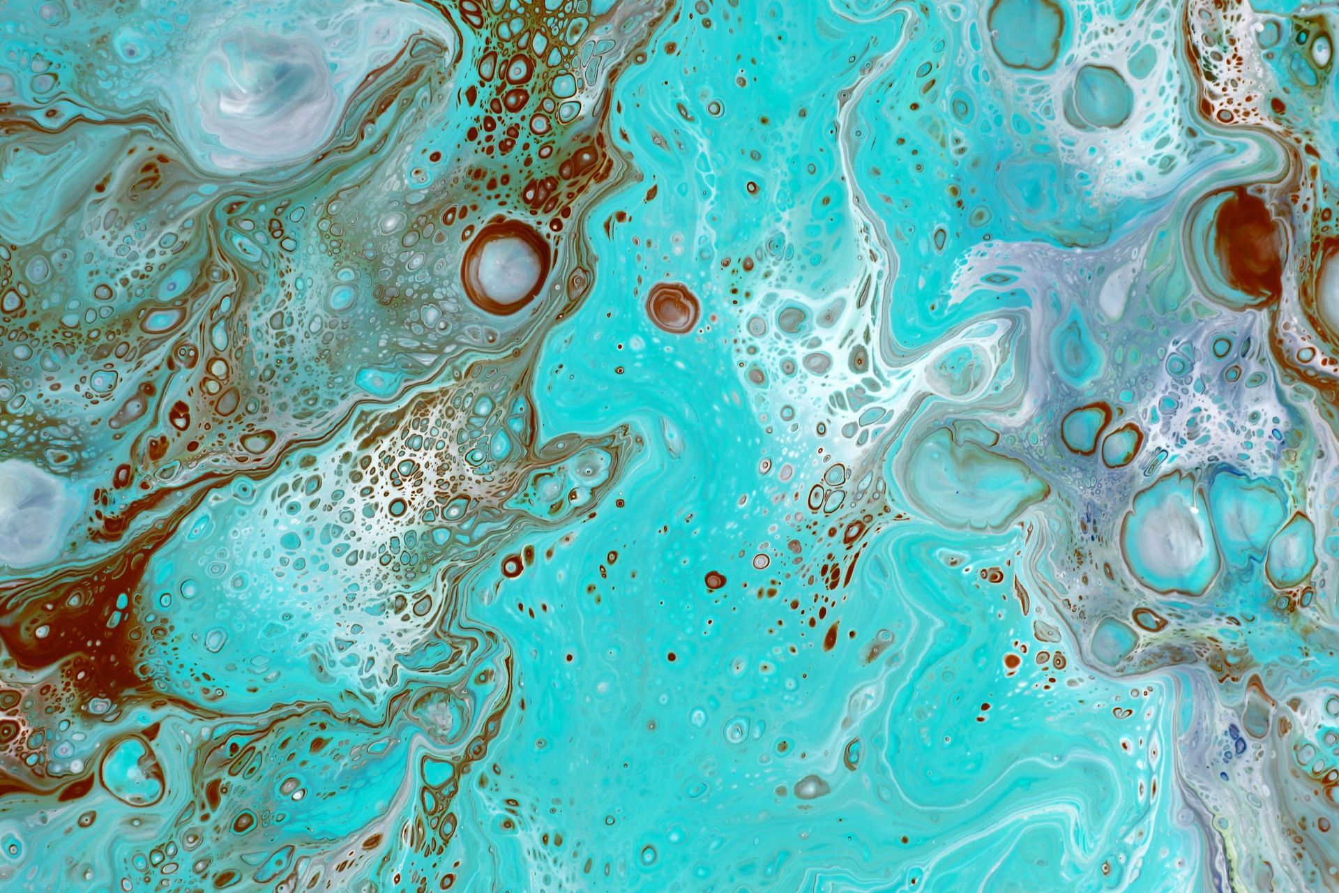 Turquoise and copper poured acrylic dense with round cells