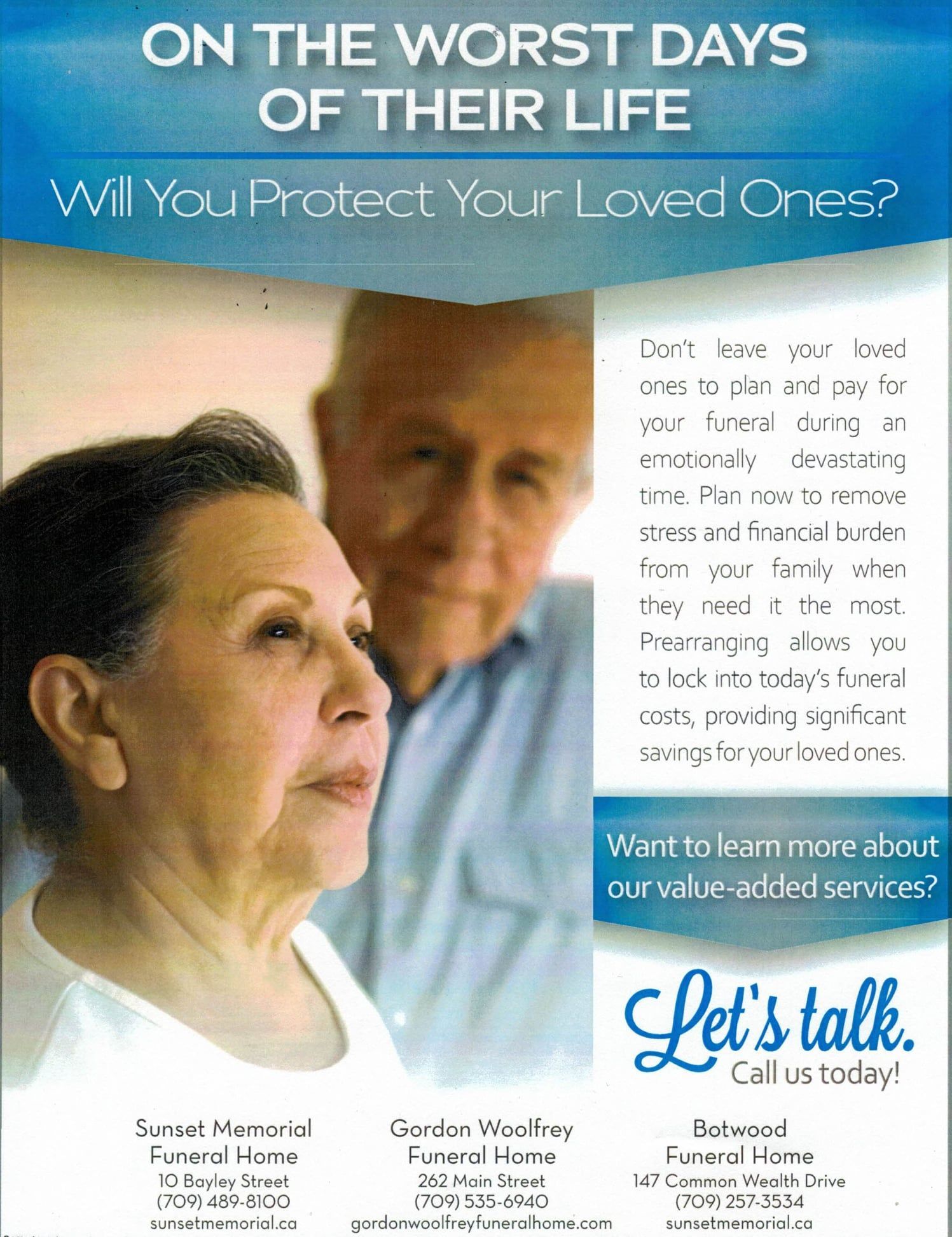 Blue-and-white ad for an elder-care service, with a worried couple and the headline “On the worst days of their life.”