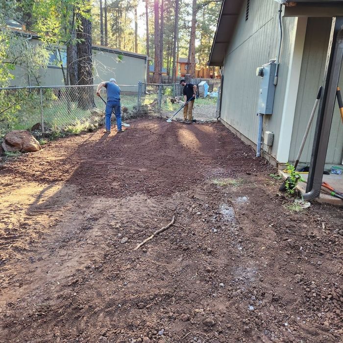 Two workers leveling a dirt path beside a house and shed in a wooded yard