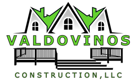 Logo for Valdovinos Construction, LLC, featuring green roofed houses, a deck and steps, and company name.