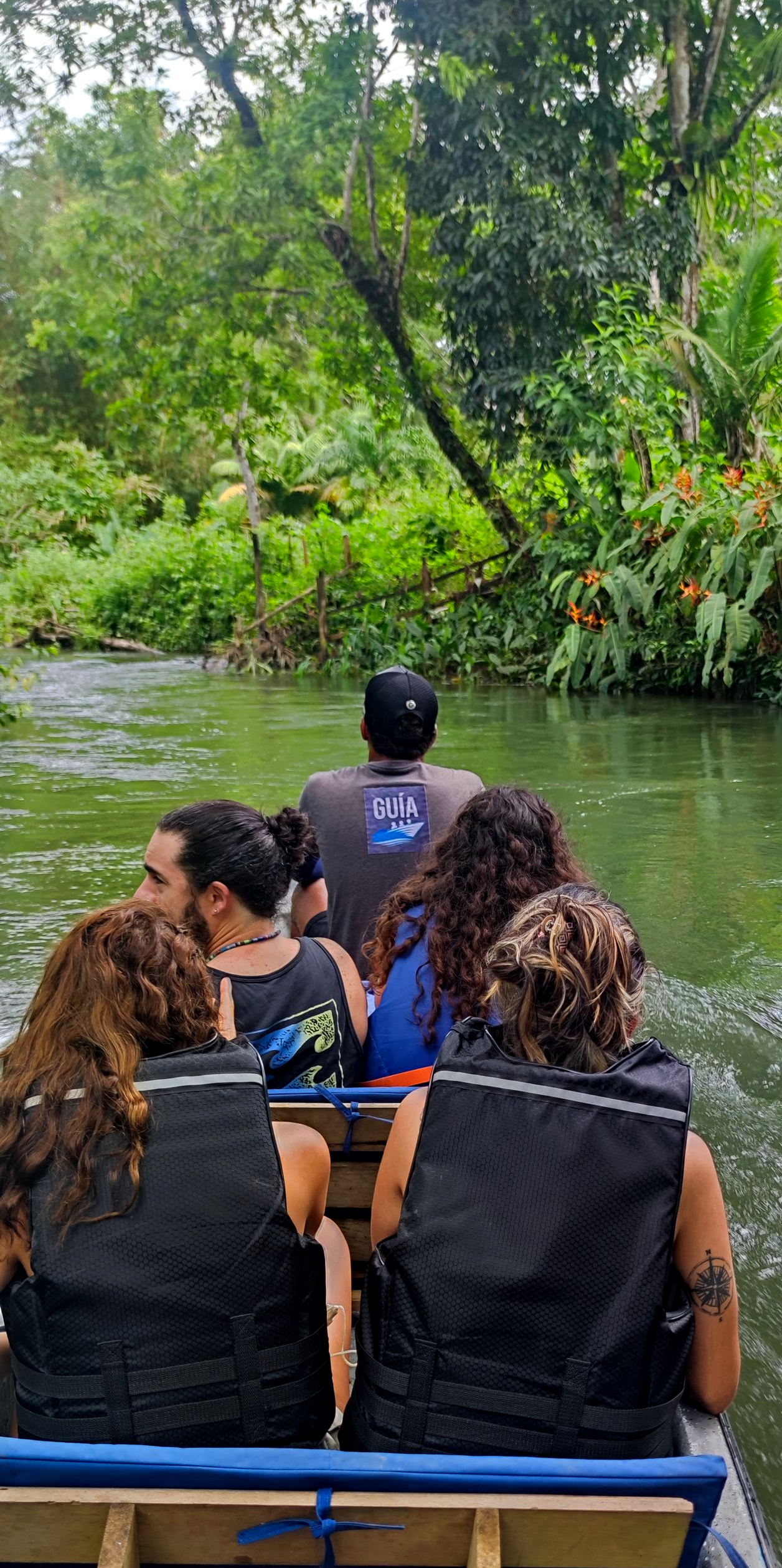 People riding a boat through a lush green river, viewed from behind