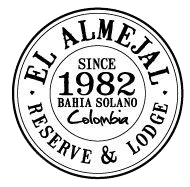 Black-and-white circular logo for El Almejal Reserve & Lodge, Bahía Solano, since 1982