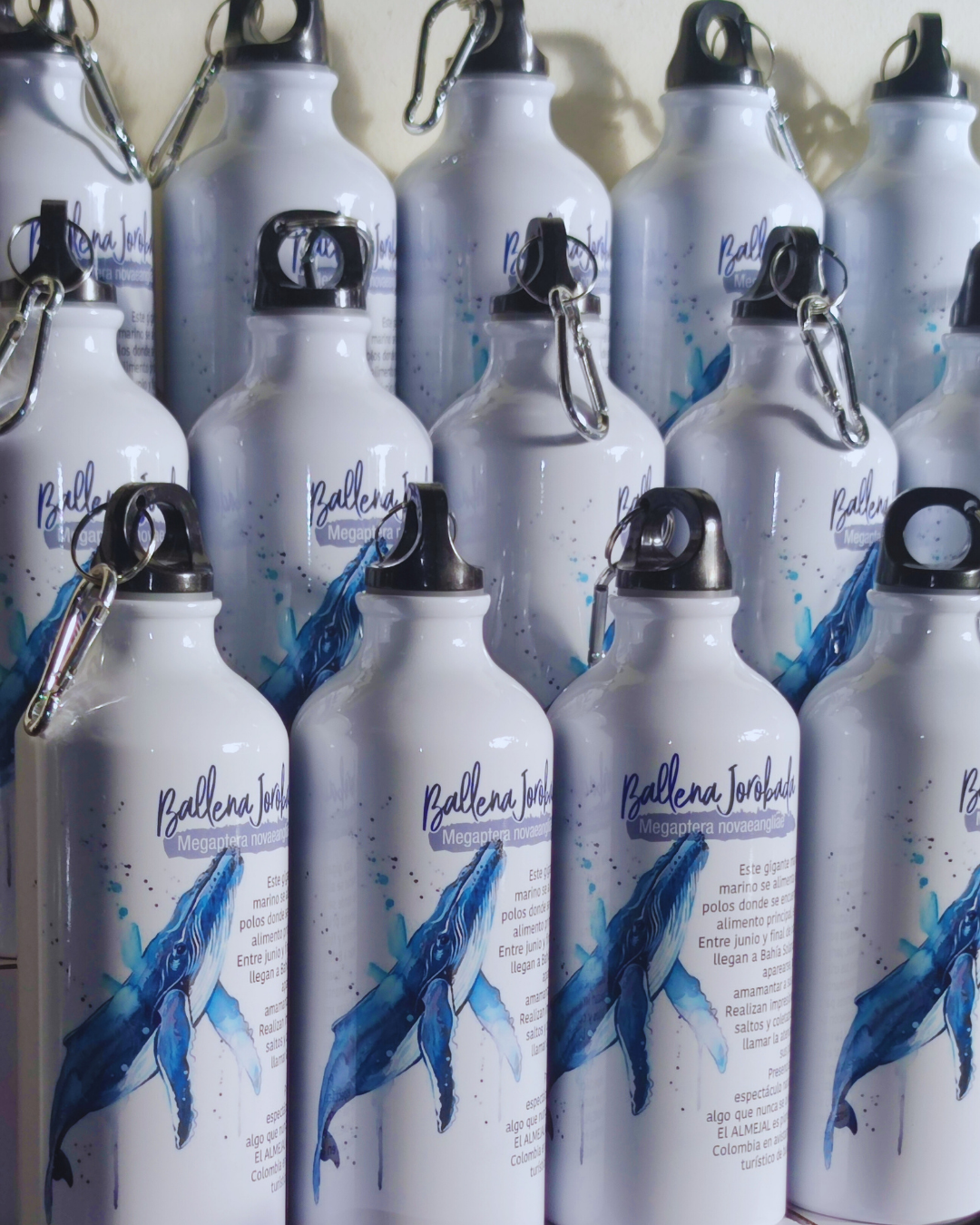 Rows of white aluminum water bottles with blue fish graphics and black carabiner caps