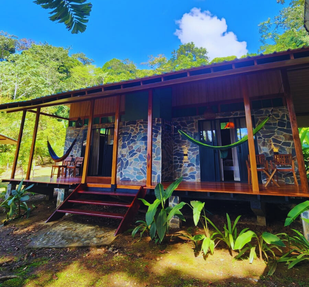 Rustic wooden cabin with porch and hammock in a lush tropical garden under a bright blue sky
