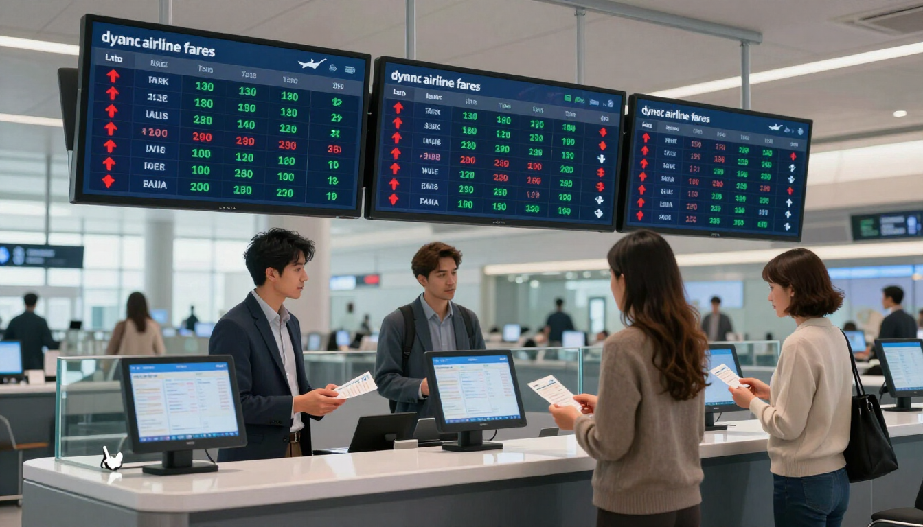Airport departures board with travelers and agents at a check-in counter, laptops open and screens displaying flight data