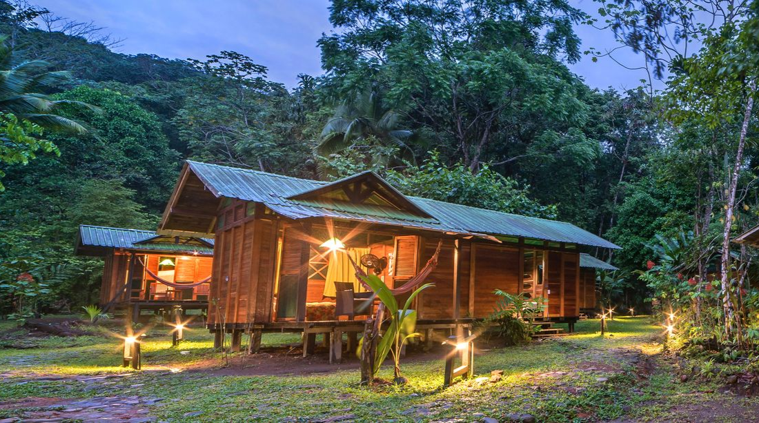 Lit wooden cabin at dusk in a lush forest clearing with warm lights and a blue roof