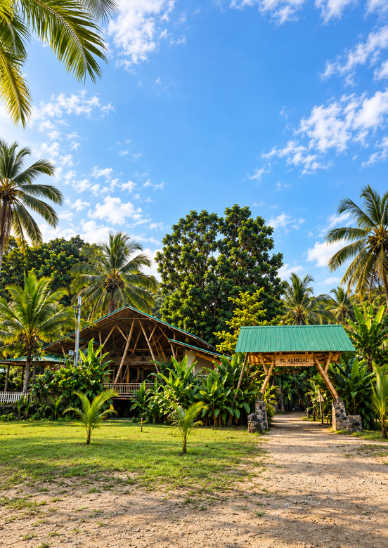 Tropical garden with palm trees, a thatched hut, and a green-roofed entrance under a blue sky