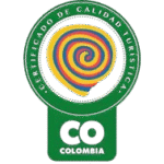 Green and white Colombian quality certification logo with multicolored spiral and “CO COLOMBIA” text
