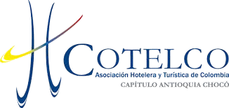 Logo with blue and gold text for ACOHOT, Asociación Hotelera y Turística de Colombia, Capítulo Antioquia-Chocó
