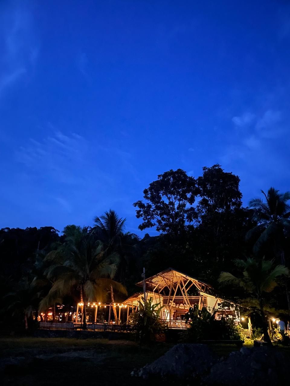 Tropical resort lit at dusk beneath a deep blue sky, with palm trees and thatched-roof buildings.