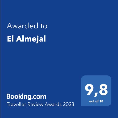 Booking.com Traveler Review Awards 2023 badge for El Almejal, showing a 9.8/10 rating on blue background