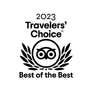 2023 Travelers' Choice Best of the Best award badge with owl logo in black and white