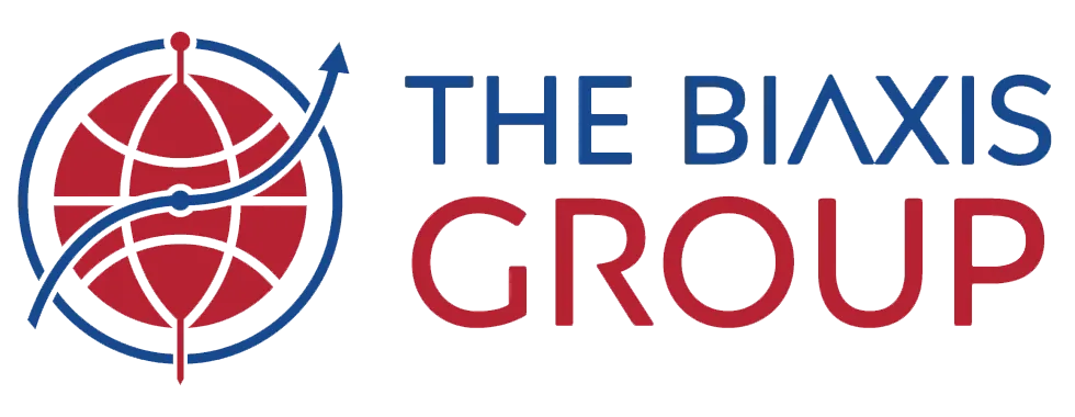 A logo for the biaxis group with a globe and arrow.